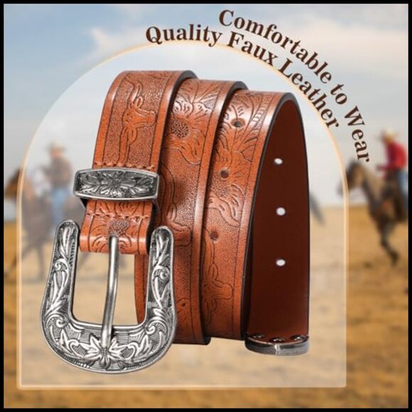 Vintage Floral Carved Western Belt for Women in PU Leather main image 6